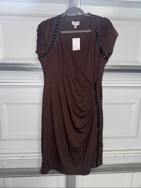 Carmen Marc Valvo Chocolate Brown Stud-Trim Draped Mini Dress